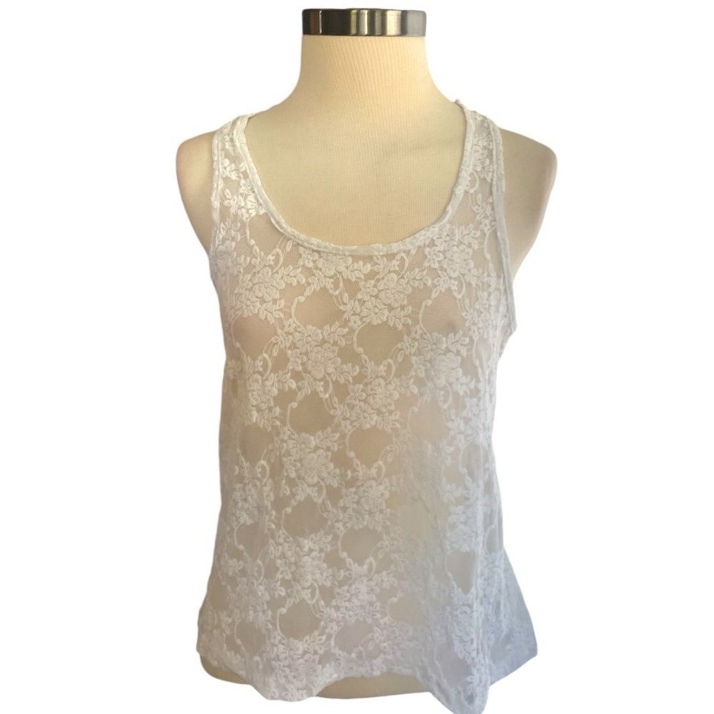 Iris Basic white floral lace tank top size medium sleeveless cami camisole comfy - Picture 9 of 10